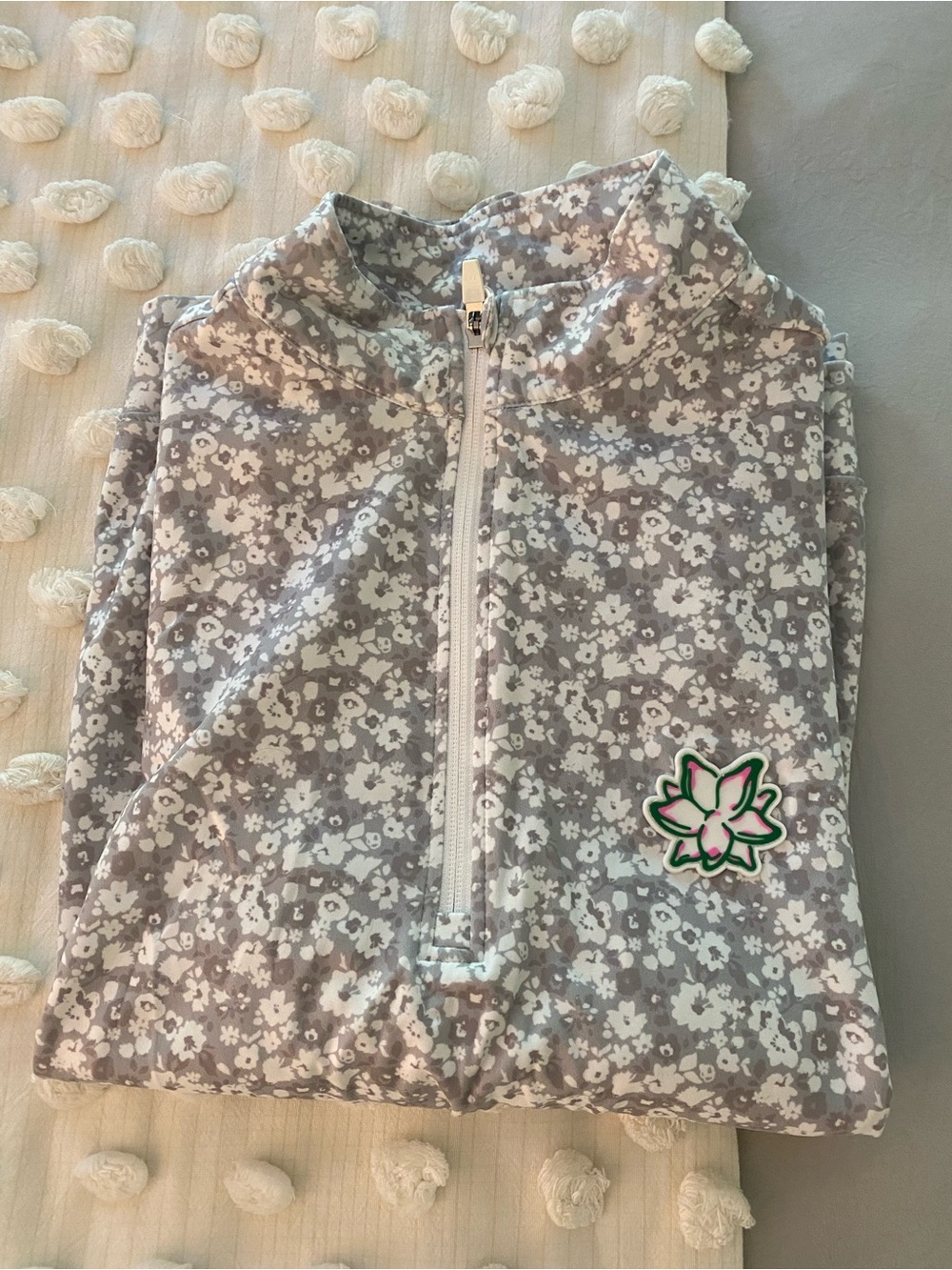 Waggle Floral Quarter-Zip Pullover Hoodie - Gray White